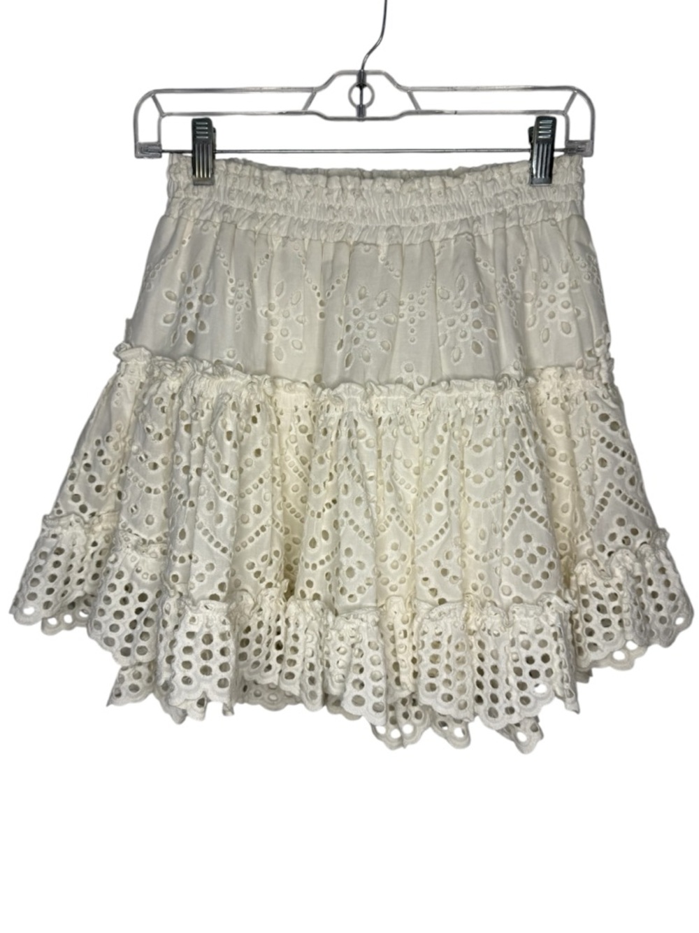 MISA Los Angeles Sara Skirt Eyelet Ruffle Small White Boho Tiered Mini